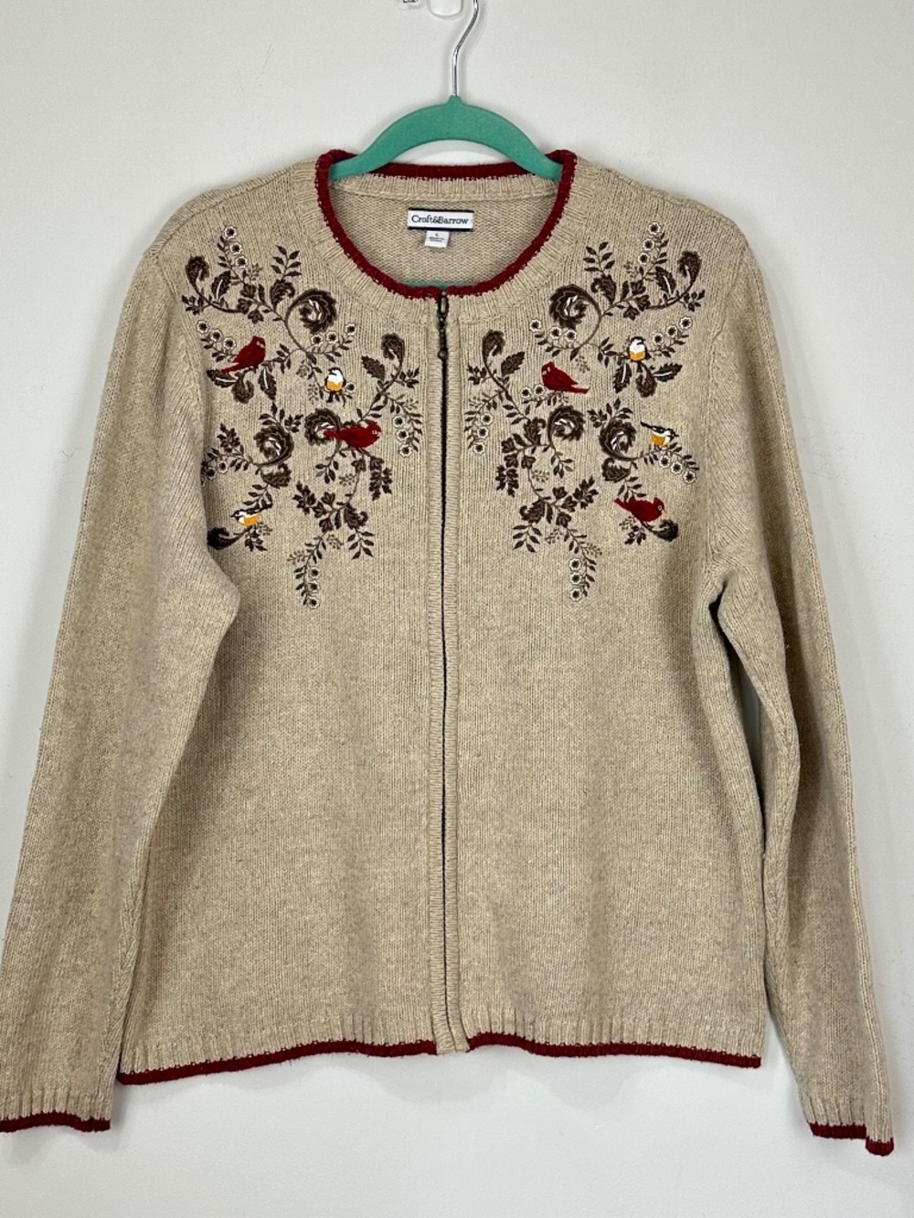 Croft & Barrow Embroidered Full Zip Silk Blend Cardigan Sweater L Fall Birds